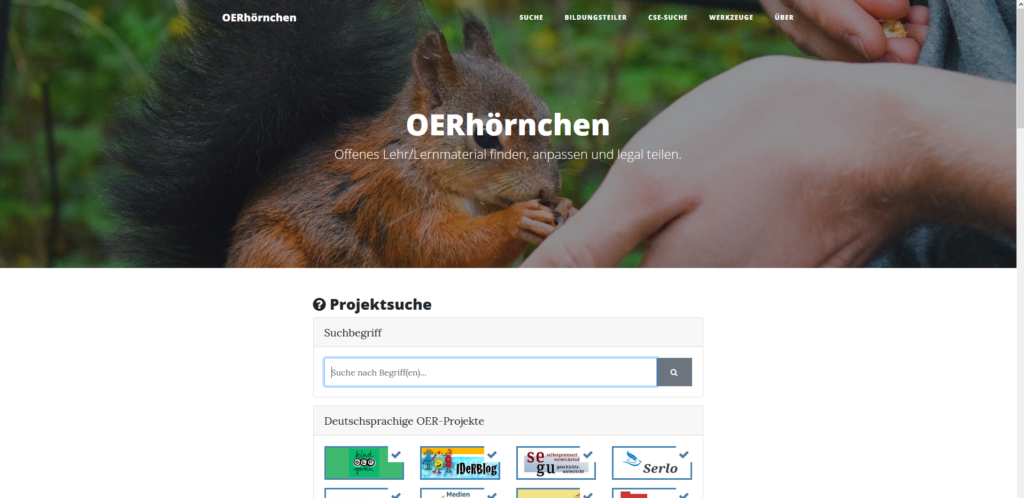 Screenshot: Startseite von OERhörnchen