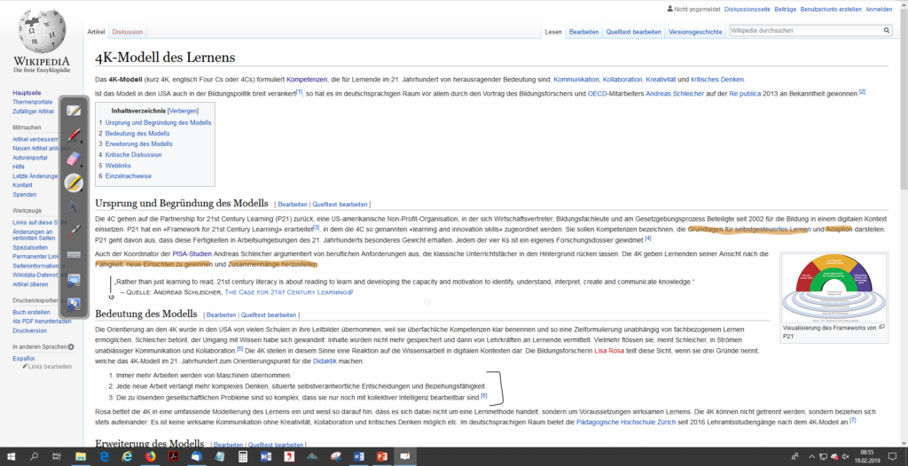 Screenshot: Wikipediaseite für das 4K-Modell des Lernens