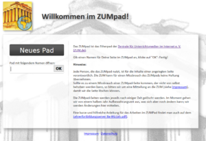 Screenshot der Startseite von ZumPad mit der Option ein neues Pad zu erstellen.