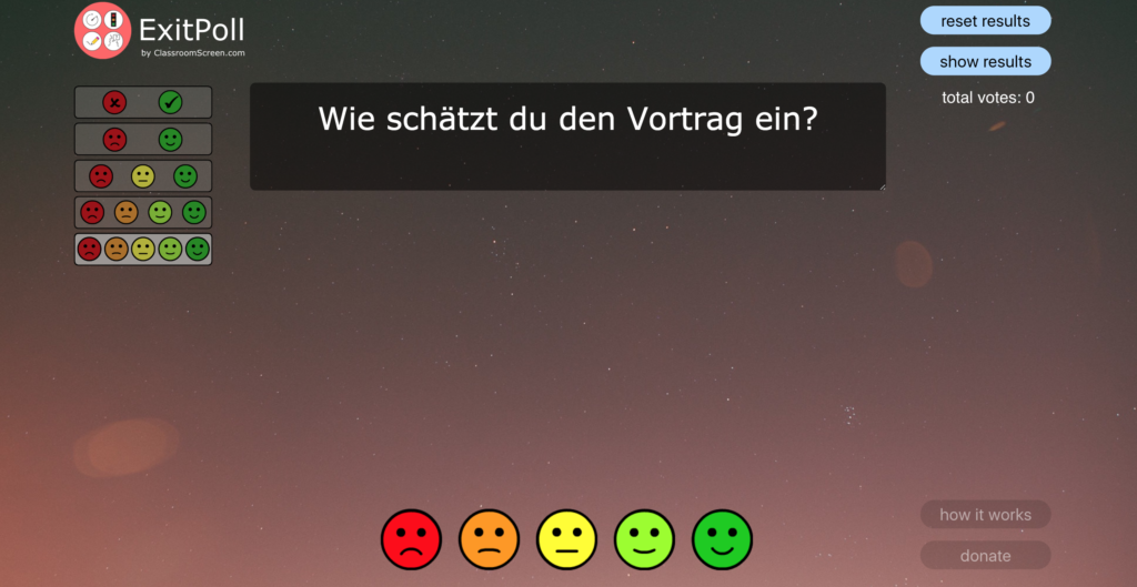 Screenshot, oben steht "Wie schätzt du den Vortrag ein?" darunter ist die Möglichkeit mit fröhlichen und traurigen Emojis Feedback zu geben.